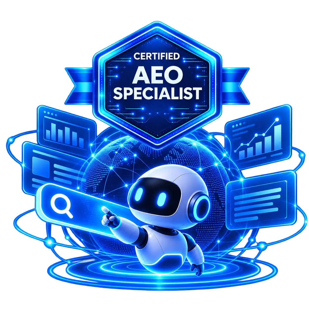 AI search engineering with certified AEO specialist badge and futuristic AI technology