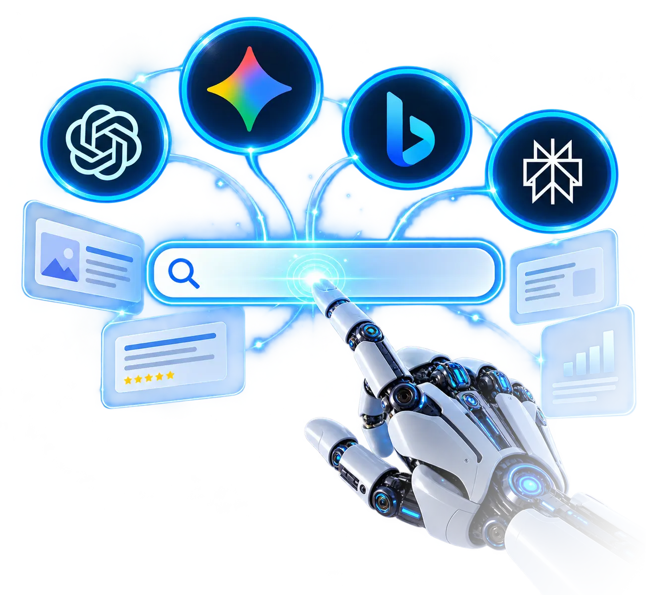 AI search visibility with robotic hand, search interface, and AI platform results