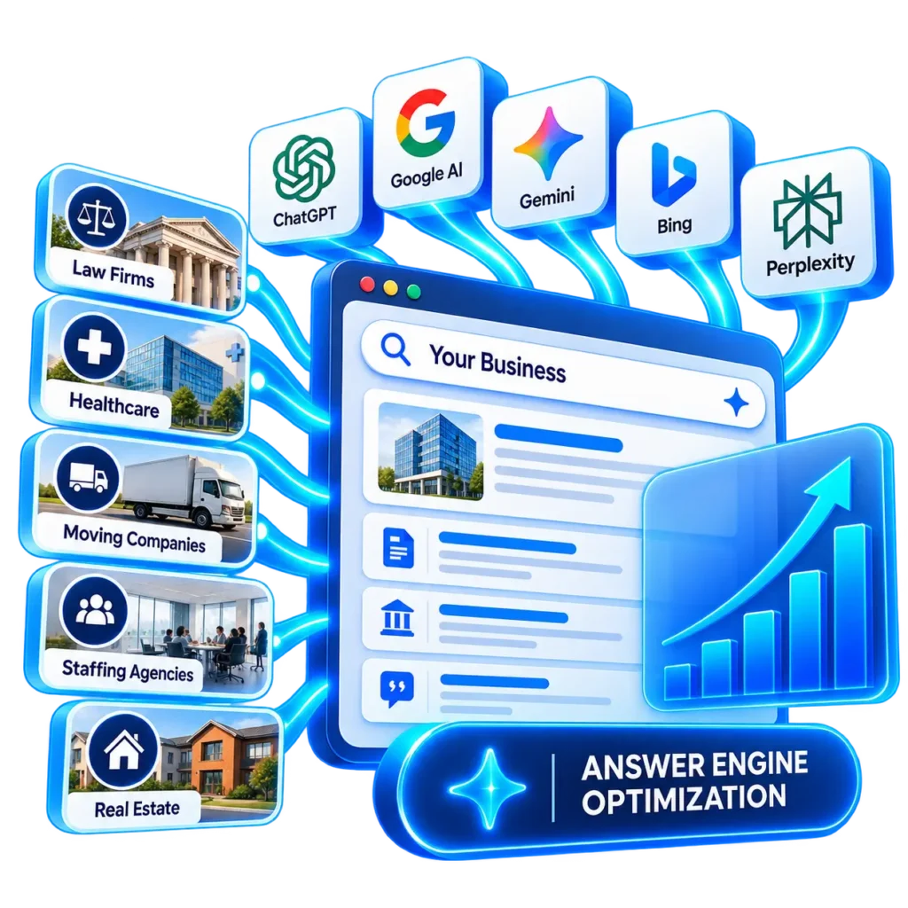 Answer Engine Optimization with AI search platforms, business visibility, and industry-specific results